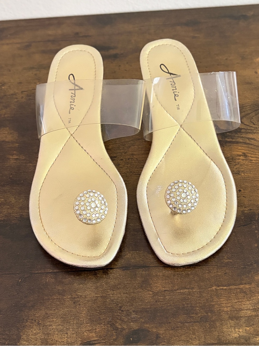 Annie Gold Footbed Sandals with Clear Strap and Crystal Toe Accent | Lucite Heel